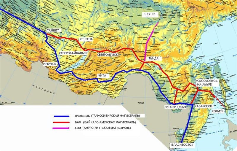 Схема трасс Транссиба и БАМа